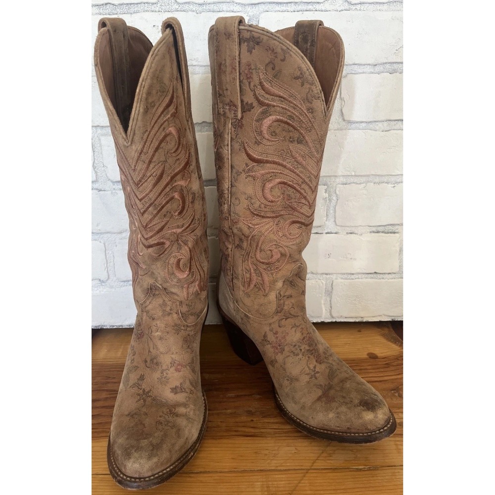 LUCCHESE Distressed Brown Leather Floral Almond Toe Western Cowboy Boots Wm 9C